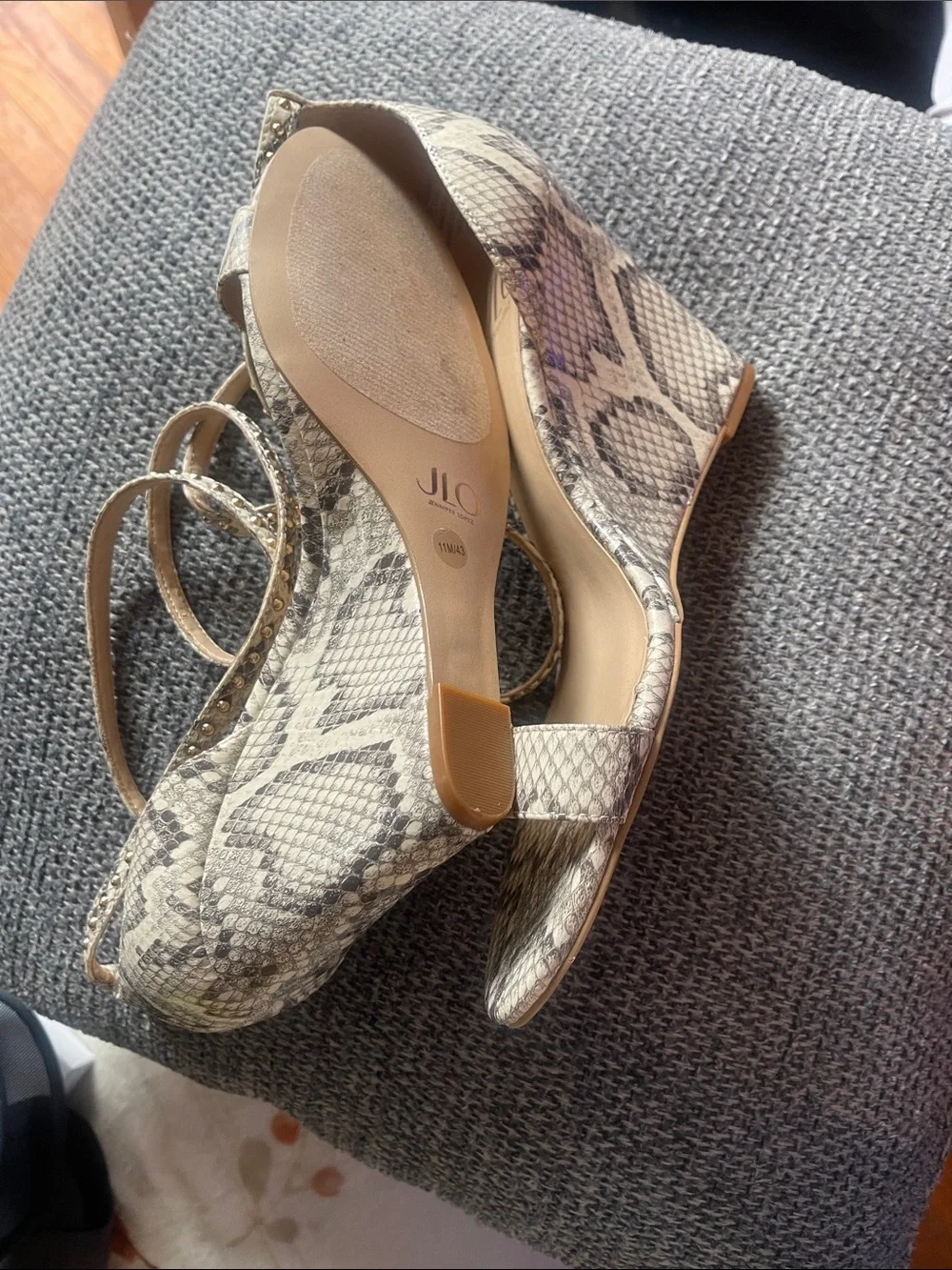 Jennifer Lopez Snake-Print Studded Ankle Strap Wedges - Beige